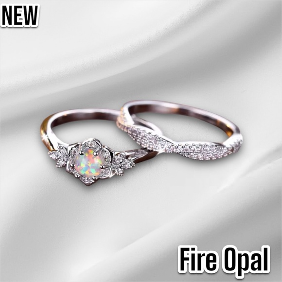 New White Fire Opal Flower CZ Crystal Vintage Wedding Engagement Ring Set - Picture 4 of 14